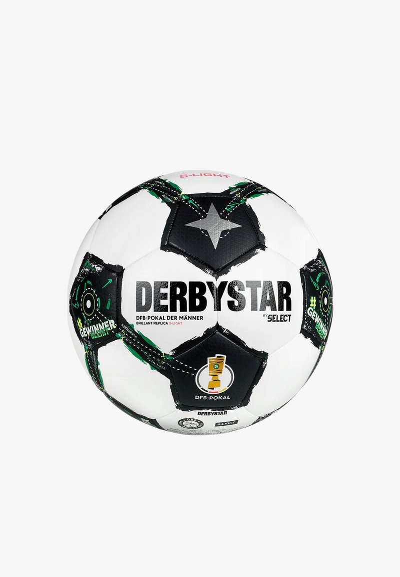 Pallone da calcio bianco con pannelli neri pentagonali ed esagonali, accenti verdi e loghi stampati. Testo con la scritta "DERBYSTAR" e "DFB-POKAL".