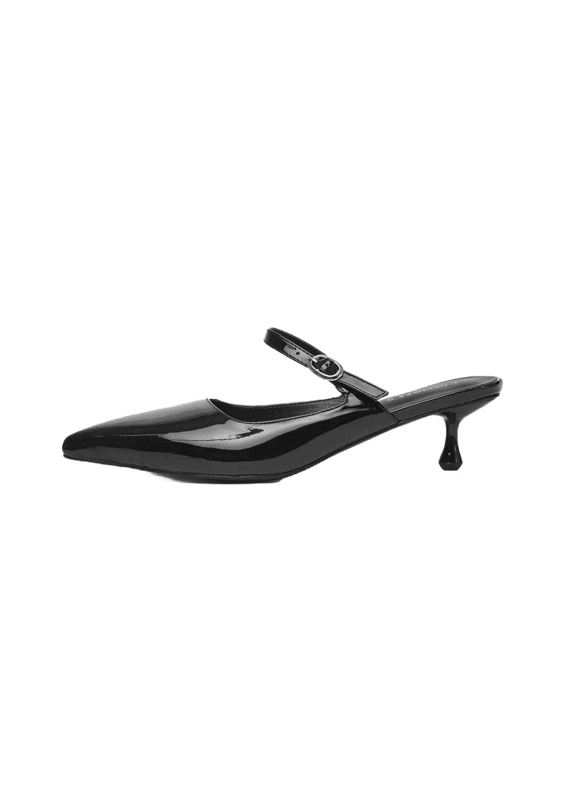 Black patent leather slingback heels with a pointed toe and a small, unique geometric heel. Features an adjustable strap for comfort.