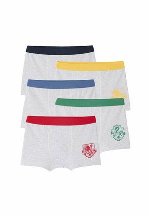 Fünf Paare grauer Boxershorts mit farbigen Taillenbändern in Marineblau, Blau, Gelb, Grün und Rot, mit Logo-Akzenten bei zwei Paaren.