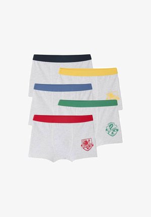 Five pairs of gray boxer briefs featuring colored waistbands in navy, blue, yellow, green, and red, with logo accents on two pairs.