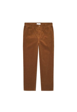 Brown corduroy pants with a straight cut, featuring front pockets, a button closure, and vertical ribbed texture.