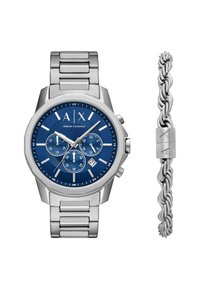 Orologio in acciaio inossidabile con cassa ottagonale, quadrante blu, dettagli argentati, tre sub-quadranti e display della data. Include un bracciale in argento attorcigliato.