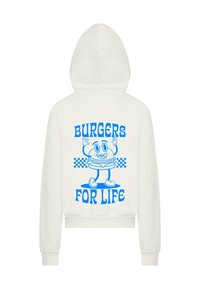 White hoodie featuring a blue graphic design on the back, displaying a cartoon hamburger character and the text "BURGERS FOR LIFE."