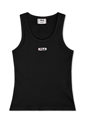Schwarzes, geripptes, ärmelloses Tanktop mit FILA-Logoaufnäher mittig auf der Brust, geeignet für Kinder im Alter von 11-12 Jahren.