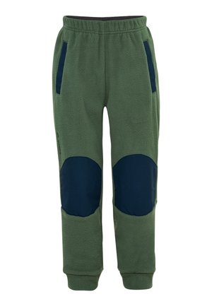 Grüne Fleecehose mit elastischem Bund, dunkelblauen Knieflecken und dunkelblauen Einfassungen an den Seitentaschen, entworfen für Wärme und Langlebigkeit.