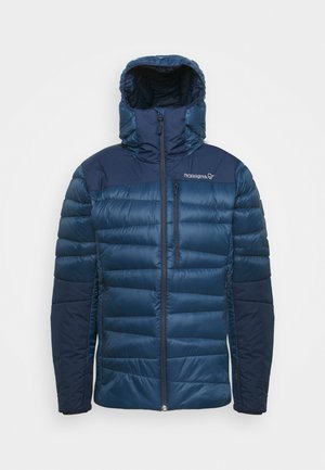 Navy blue puffer jacket with a hood, featuring a zip closure and a chest pocket. Constructed from smooth, insulated fabric with a quilted design.