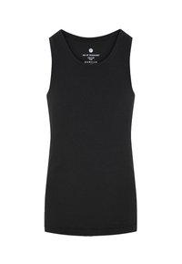 Sort tanktop lavet af glat stof med rund hals og ermeless design. Har en lige pasform og minimal syning.