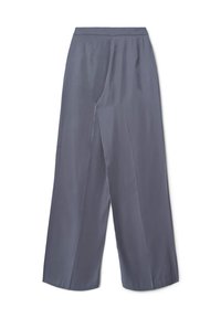 Gray wide-leg trousers made of smooth fabric, featuring a high waist and front pleats, with a loose silhouette and no visible hardware.