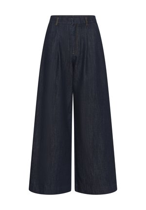 Dark blue wide-leg trousers made of denim, featuring a high waist, front pleats, and contrasting yellow stitching for detail.