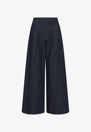 Dark blue wide-leg trousers made of denim, featuring a high waist, front pleats, and contrasting yellow stitching for detail.