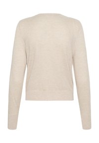 Suéter de punto beige con un escote redondeado, mangas largas y un ajuste ligeramente corto. Tejido texturizado con un patrón sutil.