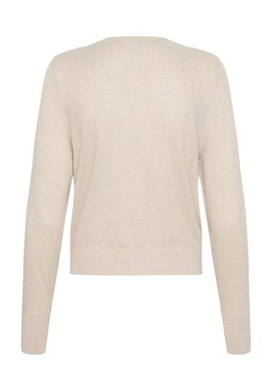 Beige striktrøje med rund halsudskæring, lange ærmer og en let cropped pasform. Tekstureret stof med et diskret mønster.