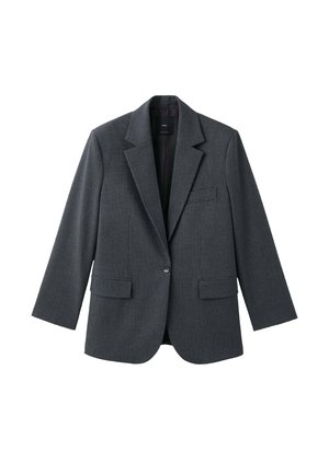 Blazer gray a cuadros con cierre de un solo botón, solapas peaked, dos bolsillos frontales y un forro interior suave. Ajuste clásico entallado.