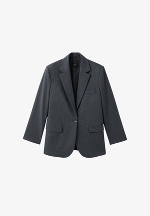 Grijze geruite blazer met een enkele knoopsluiting, ingezette revers, twee voorzakken en een gladde binnenvoering. Klassieke getailleerde pasvorm.