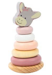 Wooden stacking toy featuring a gray donkey head with a pink bow on top, five circular pastel rings (pink, white, peach, yellow), and a wooden base.