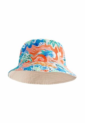Wendbarer Bucket Hat mit tropischem Print, der blaue, orangefarbene und grüne Palmen sowie Meereswellen zeigt, mit einem einfarbigen, beigen Innenfutter.
