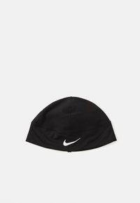 Svart sportig mössa gjord av slät tyg, med en vit Nike-logga framtill och en åtsittande, sömlös design.