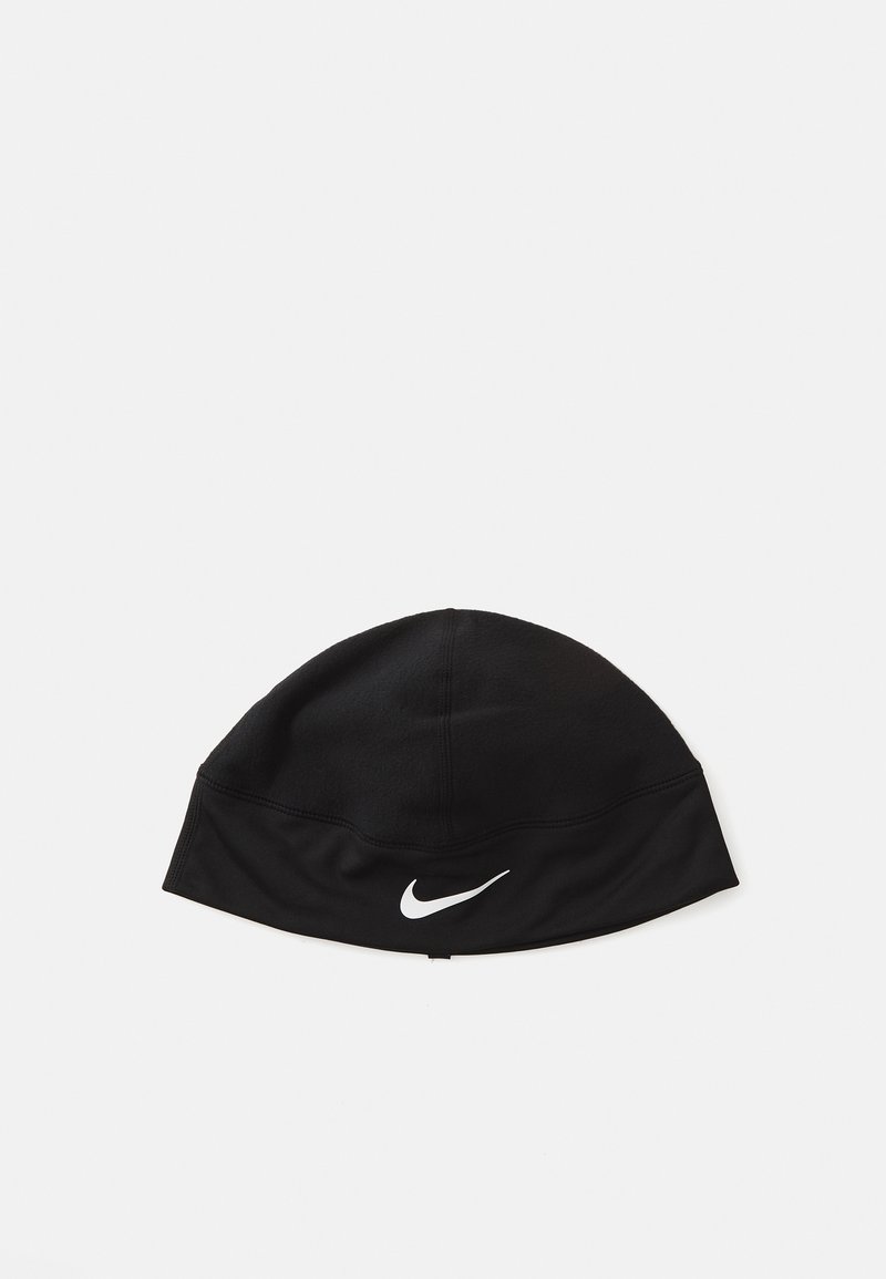 Svart sportig mössa gjord av slät tyg, med en vit Nike-logga framtill och en åtsittande, sömlös design.