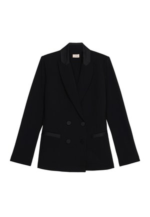 Blazer noir croisé en tissu texturé, avec des revers en satin et deux poches avant. Présente des fermetures à boutons et des manches longues.