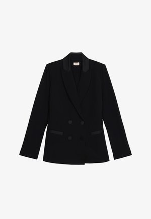 Black double-breasted blazer made of textured fabric, with satin lapels and two front pockets. Features button closures and long sleeves.