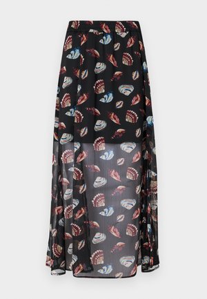 Juoda, permatoma maksi sijonas su elastinga juosta, puošni multicolor kriauklės ir drugelių raštu. Lengva, plazdančio audinio.