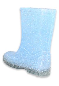 Botte de pluie en caoutchouc bleu clair scintillant avec une texture lisse, un bout rond et une semelle transparente. Conçue pour résister à l'eau et assurer la durabilité.