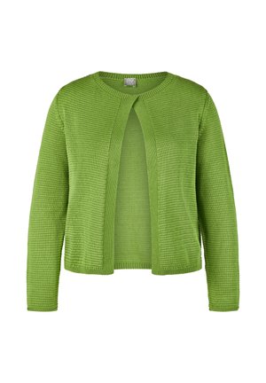 Grüne, gestrickte Langarm-Cardigan mit offenem Frontbereich, rundem Halsausschnitt und strukturiertem horizontalem Rippmuster.