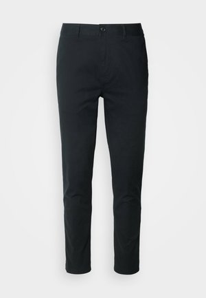 Pantaloni neri in cotone, con design a gamba dritta, chiusura con bottone e texture liscia senza dettagli visibili.