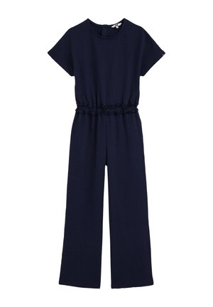 Temno modra teksturirana kombinezon s kratkimi rokavi, z nabrano elastično pasom in širokimi hlačnicami, z zadrgo na hrbtni strani.