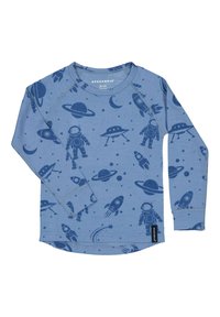 Vaaleansininen pitkähihaisen paidan, jossa on avaruusteema, tummansinisillä painatuksilla avaruusmatkailijoista, raketeista, planeetoista ja tähdistä. Pehmeää puuvillakangasta.