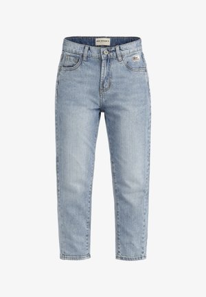 Jeans aderenti a vita alta in azzurro chiaro con tasche frontali, passanti per cintura, chiusura con bottone e etichetta del marchio Roy Roger's sulla vita.