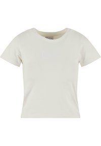 Cremefarget bomull T-skjorte med korte ermer, rund hals, og subtilt brodert logo foran i tone-i-tone tråd.