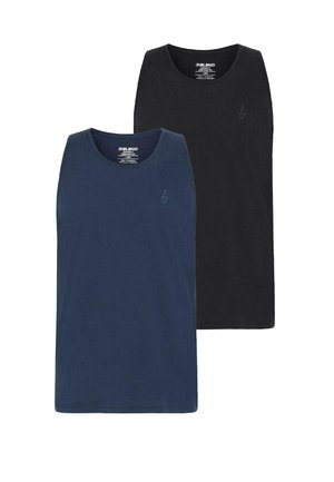 Deux débardeurs sans manches : un bleu marine et un noir. Fabriqués en tissu doux avec un col rond et un petit logo sur la poitrine.