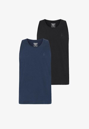 Deux débardeurs sans manches : un bleu marine et un noir. Fabriqués en tissu doux avec un col rond et un petit logo sur la poitrine.