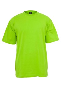 Limegrünes, kurzärmliges Baumwoll-T-Shirt mit Rundhalsausschnitt. Glatte Textur und lässige Passform, ohne Muster oder Akzente.