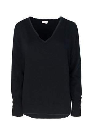 Suéter negro de punto con escote en V, ribete de encaje y mangas largas con detalles de botones en los puños. Textura suave y corte relajado.