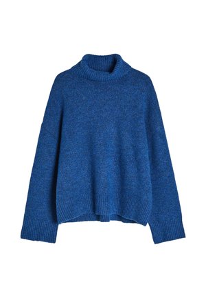 Niebieski sweter z dzianiny z wysokim ściągaczem, luźnym krojem i ściągaczami na rękawach, z teksturą w drobne włókna na całej powierzchni.