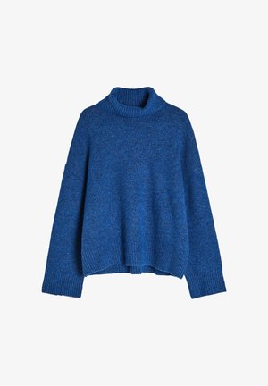 Niebieski sweter z dzianiny z wysokim ściągaczem, luźnym krojem i ściągaczami na rękawach, z teksturą w drobne włókna na całej powierzchni.