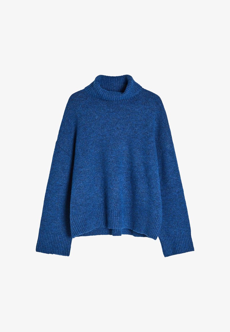 Niebieski sweter z dzianiny z wysokim ściągaczem, luźnym krojem i ściągaczami na rękawach, z teksturą w drobne włókna na całej powierzchni.