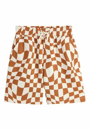 Brown and white checkered elastic waist shorts with drawstring and side pockets on a white background.