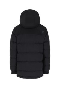Doudoune noire avec capuche, dotée de sections matelassées, de poignets élastiques et d'un logo dans le haut du dos. Tissu lisse et résistant à l'eau.