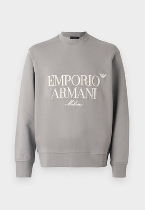 Gray sweatshirt featuring a crew neckline, ribbed cuffs, and embroidered "EMPORIO ARMANI Milano" logo in cream. Soft cotton blend material.