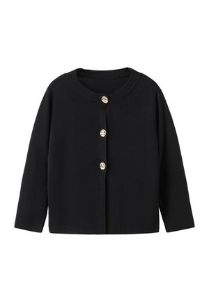 Cárdigan negro de manga larga con cuello redondo y tres botones decorativos beige en la parte delantera.