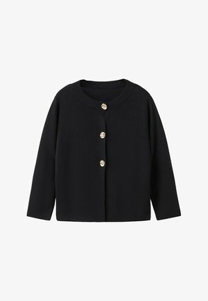 Cardigan negru cu mâneci lungi, decolteu rotund și trei nasturi decorativi bej în față.