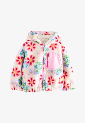 Kinder-Fleecejacke mit Kapuze, rotem, blauem und gelbem Blumenmuster, rosa Brusttasche mit Reißverschluss und Frontreißverschluss.