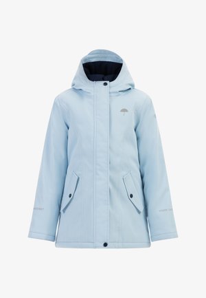 Hele sinine vettpidav jakk, millel on kapuuts, tumesinise voodriga, kaks eesmist taskut ja vihmavarju logo rinnal.