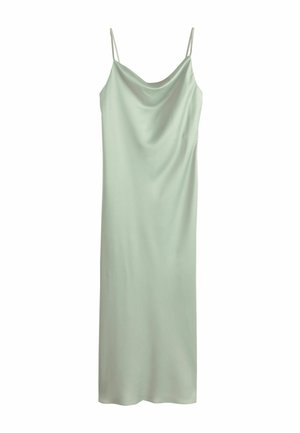 Light green satin slip dress with thin spaghetti straps and a draped neckline, hanging against a white background.