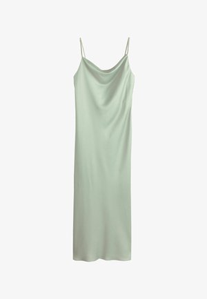 Light green satin slip dress with thin spaghetti straps and a draped neckline, hanging against a white background.