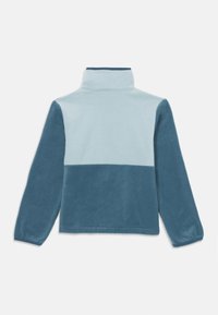 Fleece-Pullover mit hohem Kragen. Verfügt über hellblaue und dunkelblaue Elemente, lange Ärmel und eine weiche Textur.