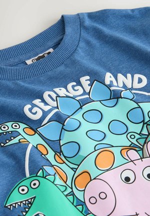 Niebieska bawełniana bluza z nadrukiem zwierząt w stylu kreskówkowym, w żywych kolorach, okrągłymi wzorami oraz wyraźnym napisem "GEORGE AND". Design z okrągłym dekoltem.